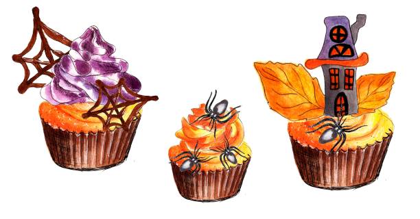 ilustrações, clipart, desenhos animados e ícones de set cupcake de halloween, teia de aranha de chocolate, abóbora marzipan. ilustração de desenho manual de aquarela, fundo branco isolado - spider web halloween corn pumpkin