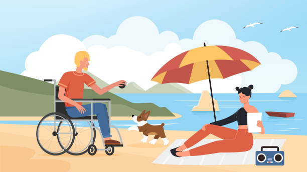 illustrations, cliparts, dessins animés et icônes de les gens couplent avec un animal de compagnie pendant les vacances d’été à la plage, homme handicapé en fauteuil roulant chien de formation - cartoon umbrella dog care