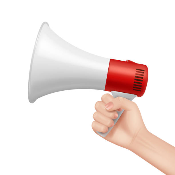 istock Megaphone in hand. Lifeguard talking in loud speaker businessman holding megaphone and speaking about ads announce alarm voice decent vector template 1323670905
