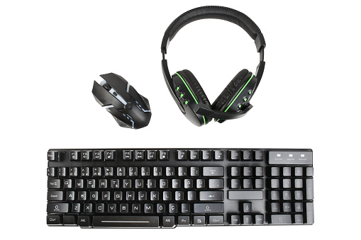 Directly above group of gamer set computer keyboard, computer mouse and headphones (Clipping Path) on the white background