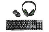 Gamer set computer keyboard, computer mouse and headset (Clipping Path) on the white background
