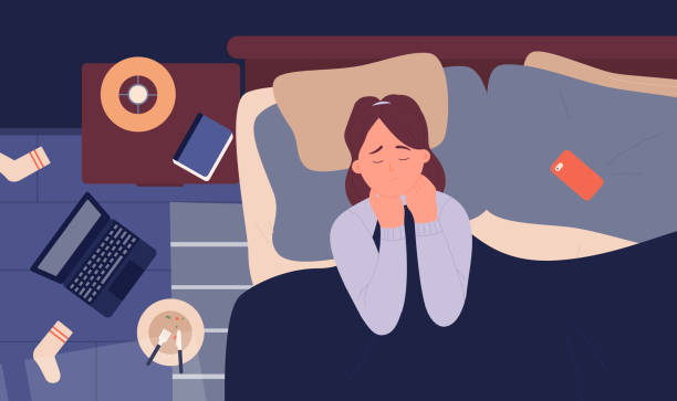 Girl in depression anxiety insomnia problem at night, unhappy upset woman lying in bed Girl in depression anxiety insomnia problem at night vector illustration. Cartoon unhappy upset young woman character crying, depressed sad lady lying in bed, bedroom interior top view background computer addiction stock illustrations