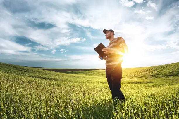 Photo of A young agronomist holds a folder in his hands on a green wheat field. A farmer makes notes on the background of agricultural land during sunset. Man in a cap with a folder of documents