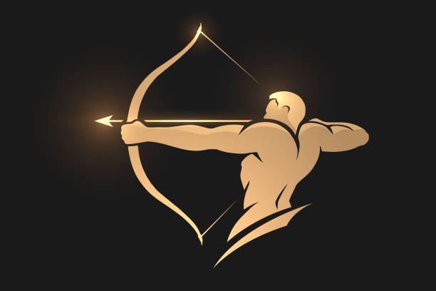 ilustrações, clipart, desenhos animados e ícones de silhueta arqueiro dourado no fundo preto - archery