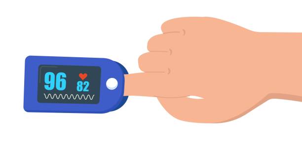 Pulse oximeter on finger. digital device to measure oxygen saturation Pulse oximeter on finger. digital device to measure oxygen saturation. Vector image saturated color stock illustrations