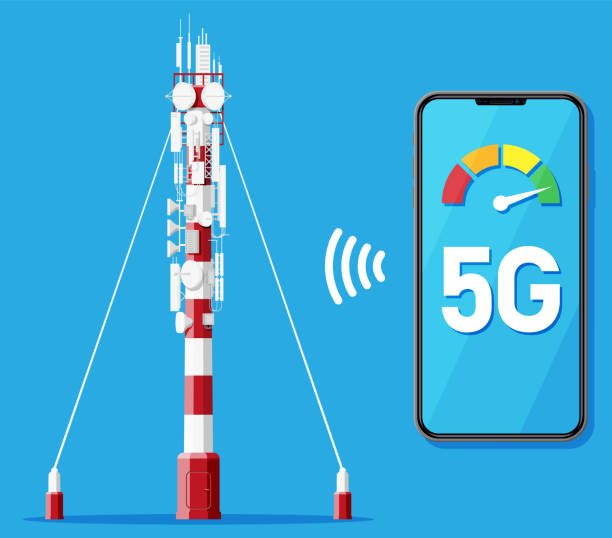 Mobile Smartphone and 5G Communication Tower. Mobile Smartphone and 5G Communication Tower. Transmission Cellular Tower Antenna. Network Broadcast Equipment Isolated. Smart Phone and Satellite Telecommunication Antenna. Flat Vector Illustration cell tower stock illustrations