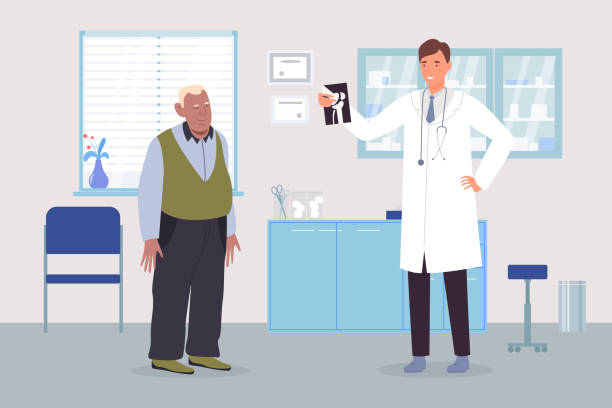 Elderly man at doctors appointment in medical clinic hospital, arthritis osteoporosis Elderly man at doctors appointment in medical clinic hospital, arthritis osteoporosis disease concept vector illustration. Cartoon senior patient character and doctor with x-ray of joint background radiology doctor stock illustrations