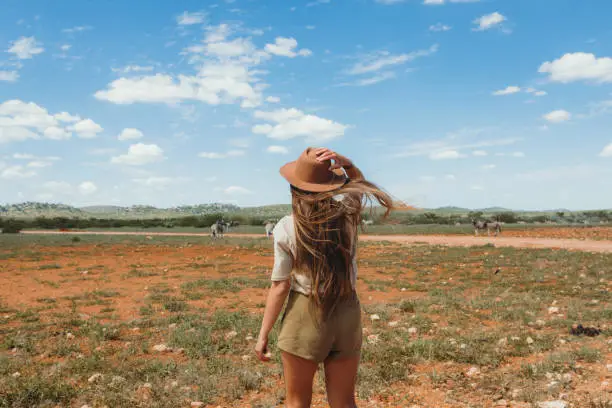 Smiling woman with long hair, in hat and sunglasses enjoying the road trip at the beautiful savannah landscape, looking at group of zebra in Etosha, Namibia