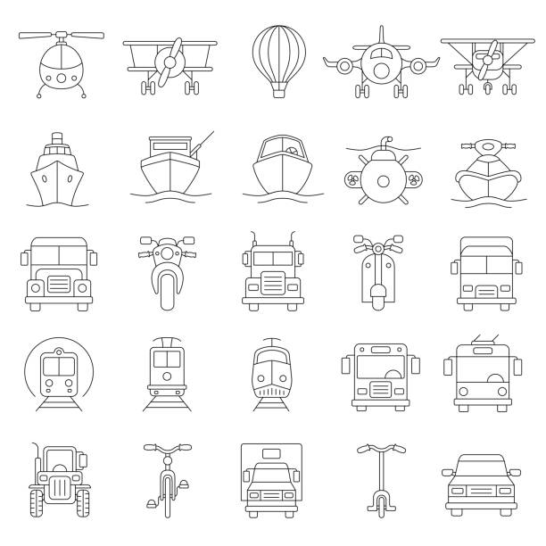 ilustrações, clipart, desenhos animados e ícones de conjunto de ícones da linha de transporte. editável stoke. - cruiser bicycle illustrations