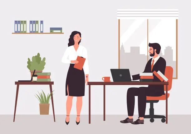 Vector illustration of People work in director office of modern company, boss sitting at desk with laptop