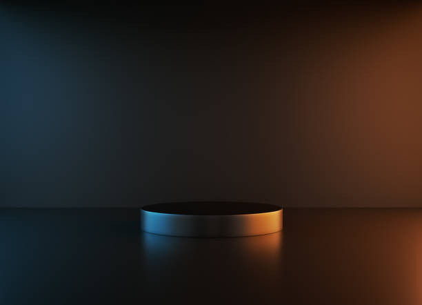 Black Podium Illuminated By Spotlights Before Black Background