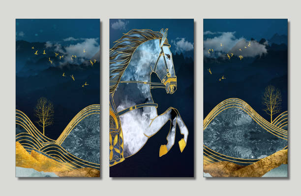 istock 3D mural wallpaper suitable for wall frame canvas print . horse and golden trees with colored mountains . golden trees and birds with dark modern background 1323680006
