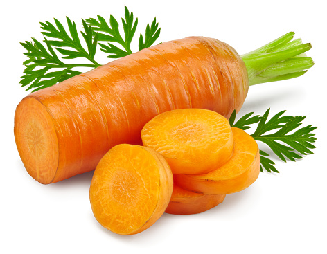 sliced carrot with green leaves isolated on white background. clipping path.