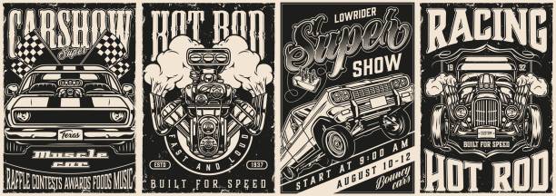 빈티지 흑백 사용자 정의 자동차 포스터 - low rider stock illustrations