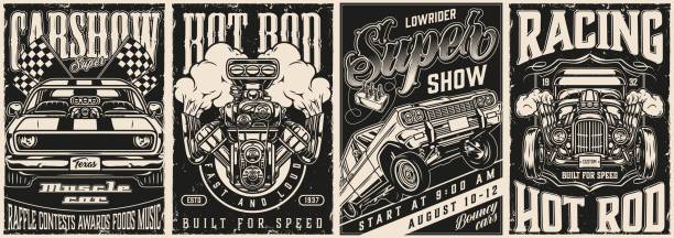 Vintage monochrome custom cars posters Vintage monochrome custom cars posters with inscriptions lowrider muscle and hot rod cars racing checkered flags and turbo engine vector illustration hot rod car stock illustrations