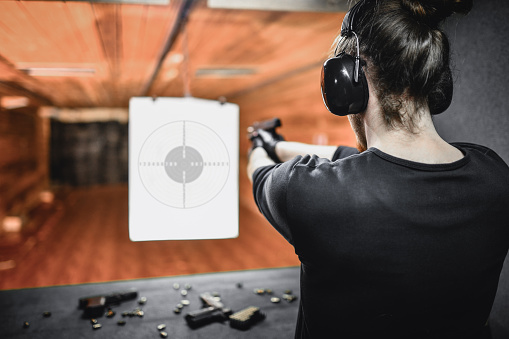 Target Shooting Expression Male Focused On Target While Practicing Accurate Shooting On Range ...