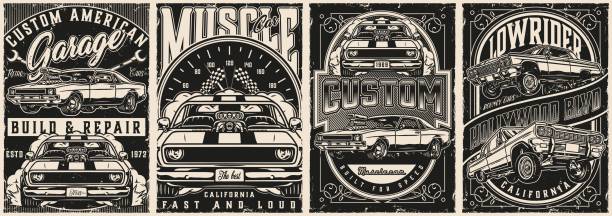 американские пользовательские автомобили старинные плакаты - low rider stock illustrations