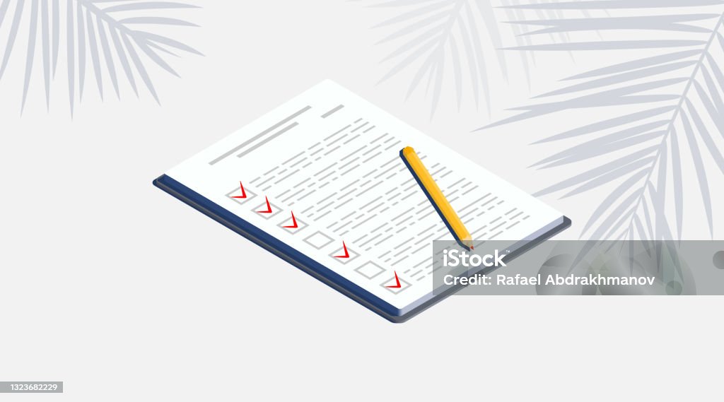 Questionnaire Notepad A Notepad With Questionnaire Checklist And Pencil On Beach Table Vector ...