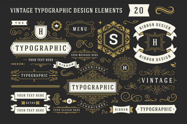 vintage typograficzne ozdobne elementy ozdobne zestaw ilustracji wektorowej - decoration ornate scroll shape shape stock illustrations