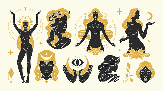 Magic woman vector illustrations of graceful feminine women and esoteric symbols set. Mysterious and witchcraft silhouette design elements for fashion print template or wall art poster decoration.