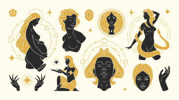 Magic woman vector illustrations of graceful feminine women and esoteric symbols set Magic woman vector illustrations of graceful feminine women and esoteric symbols set. Mysterious and witchcraft silhouette design elements for fashion print template or wall art poster decoration. pregnant patterns stock illustrations