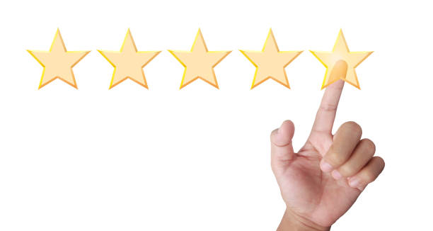 istock Hand of touching rise on increasing five stars. Increase rating evaluation 1323686984