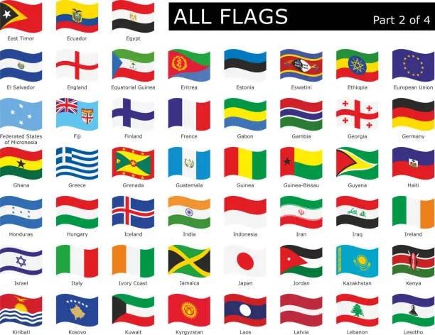 Vector illustration of set wavy all world flag with names part 2