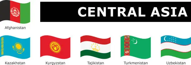 Vector illustration of set wavy flag Central Asia with names