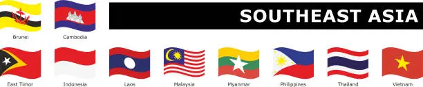 Vector illustration of set wavy flag Southeast Asia with names