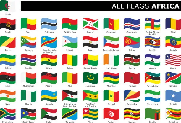 Vector illustration of set wavy flag Africa with names