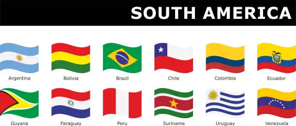 Vector illustration of set wavy flag South America with names