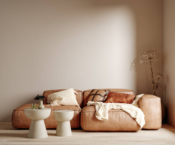 istock Minimalist boho home interior background with sofa and coffee tables, living room in beige color 1323688506