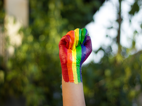 Photo of a raised fist colored with the rainbow color for lgbtq community.