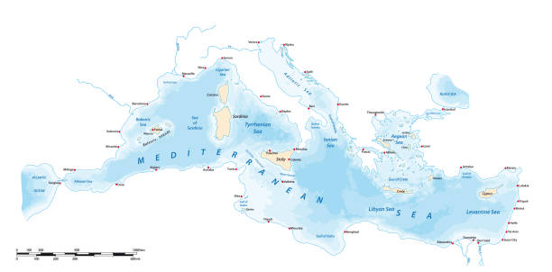 illustrazioni stock, clip art, cartoni animati e icone di tendenza di mappa vettoriale del mar mediterraneo, dell'europa meridionale, del nord africa e del medio oriente - mar mediterraneo