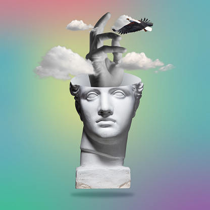ternura. Collage de arte contemporáneo con cabeza de estatua antigua en un estilo surrealista. photo