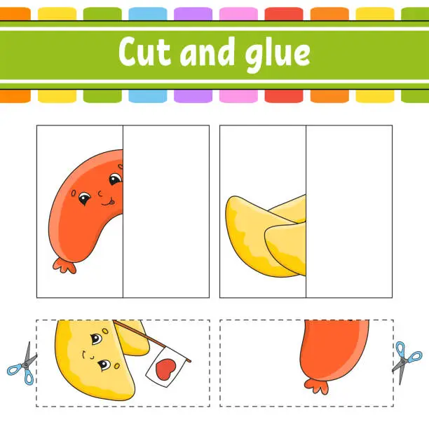 Vector illustration of Cut and play. Paper game with glue. Flash cards. Education worksheet. Activity page. Funny character. Isolated vector illustration. Cartoon style. Barbecue theme.