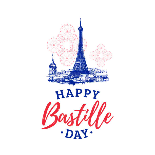 istock Happy Bastille Day, hand lettering on Eiffel tower background. French national holiday design concept in vector. Used for greeting card, poster etc. 1323692124
