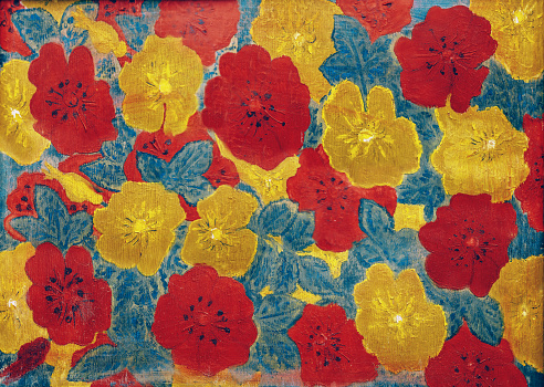 Painting with red and yellow flowers, poppies and green leaves, cracked texture, handmade.