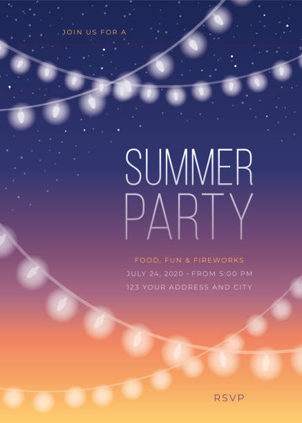 bildbanksillustrationer, clip art samt tecknat material och ikoner med summer party invitation template with string lights. - inbjudan