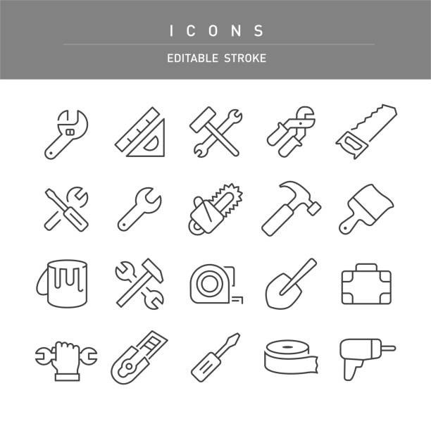 ikony narzędzi - seria liniowa - adjustable wrench illustrations stock illustrations