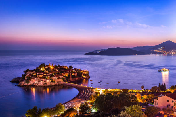 Evening in Sveti Stefan Summer evening in Sveti Stefan, ancient town of Montenegro budva stock pictures, royalty-free photos & images