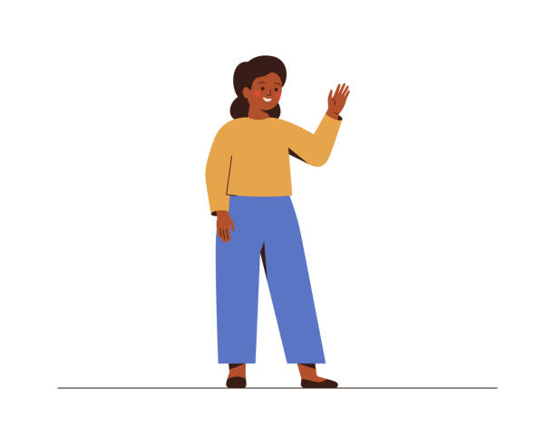 ilustraciones, imágenes clip art, dibujos animados e iconos de stock de la niña afroamericana de la escuela agita una mano y saluda o se despidió de alguien. la adolescente sonriente con ropa casual hace gestos de saludo. - saludar ilustraciones