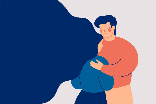 ilustrações de stock, clip art, desenhos animados e ícones de father supports her daughter in a difficult time. man gives empathy for her sad friend. boyfriend calms his girl who is in depression. - couple