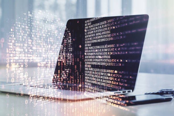 istock Creative concept of code skull illustration on modern laptop background. Hacking and phishing concept. Multiexposure 1323700335