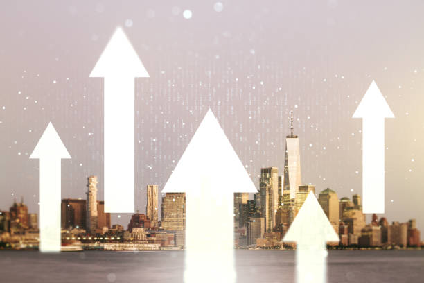 istock Abstract virtual upward arrows sketch on Manhattan cityscape background, target and goal concept. Multiexposure 1323700400