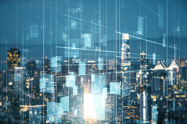 istock Double exposure of abstract virtual statistics data hologram on San Francisco city skyscrapers background, statistics and analytics concept 1323700407