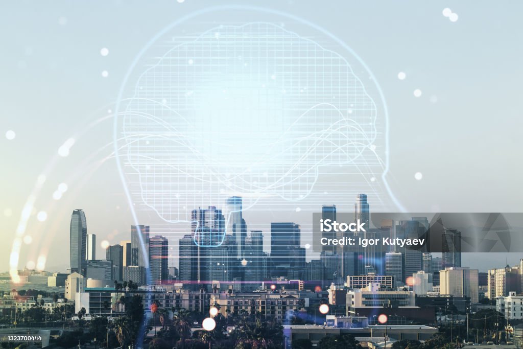 Double exposure of creative artificial Intelligence hologram on Los Angeles city skyscrapers background. Neural networks and machine learning concept Los Angeles County Stock Photo