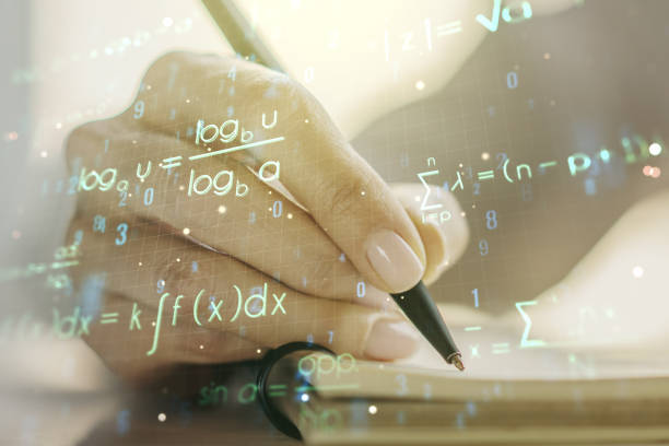 istock Creative scientific formula illustration with woman hand writing in diary on background, science and research concept. Multiexposure 1323700555
