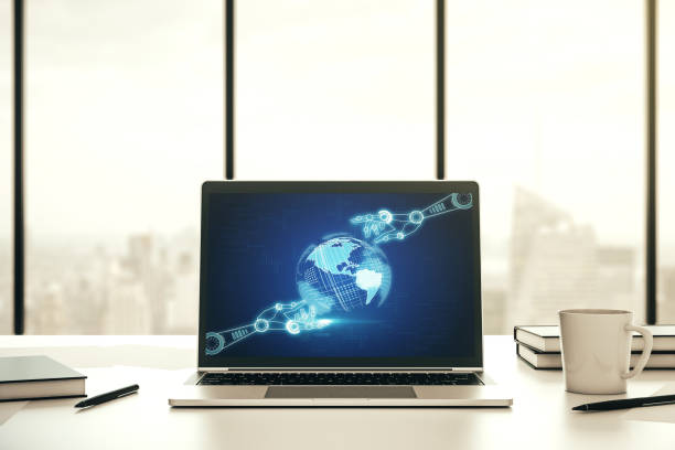 istock Creative concept of robotics technology with globe sketch on modern laptop screen. Robot development and automation concept. 3D Rendering 1323700594