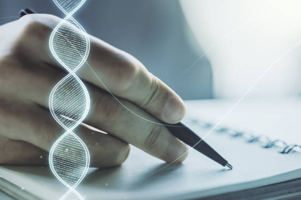 Creative light DNA illustration and man hand writing in diary on background, science and biology concept. Multiexposure